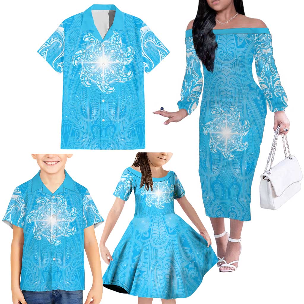 New Zealand Matariki Waiti Family Matching Off The Shoulder Long Sleeve Dress and Hawaiian Shirt Maori Moko Cyan Galaxy LT05 - Polynesian Pride
