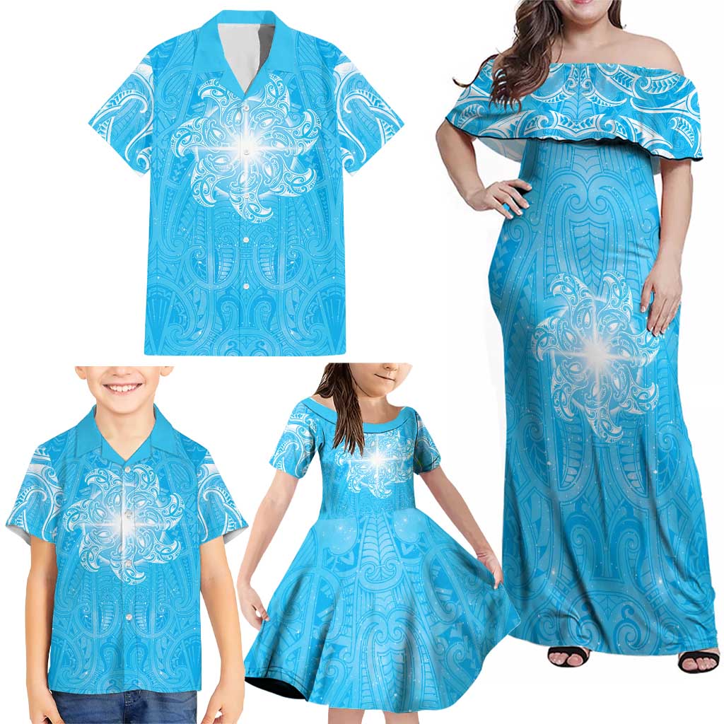 New Zealand Matariki Waiti Family Matching Off Shoulder Maxi Dress and Hawaiian Shirt Maori Moko Cyan Galaxy