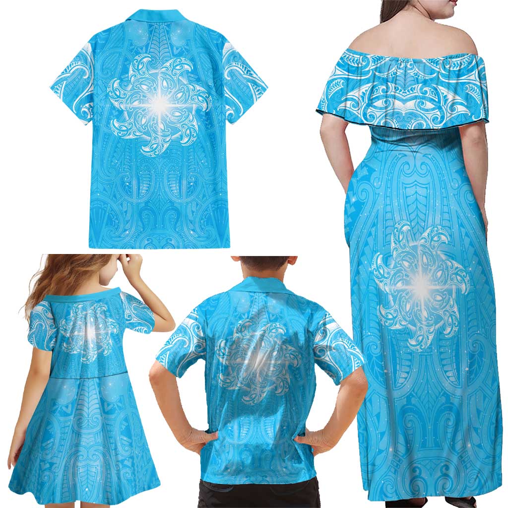 New Zealand Matariki Waiti Family Matching Off Shoulder Maxi Dress and Hawaiian Shirt Maori Moko Cyan Galaxy