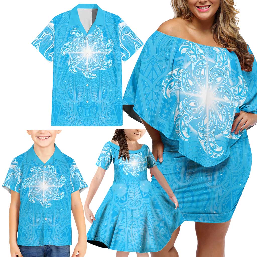 New Zealand Matariki Waiti Family Matching Off Shoulder Short Dress and Hawaiian Shirt Maori Moko Cyan Galaxy