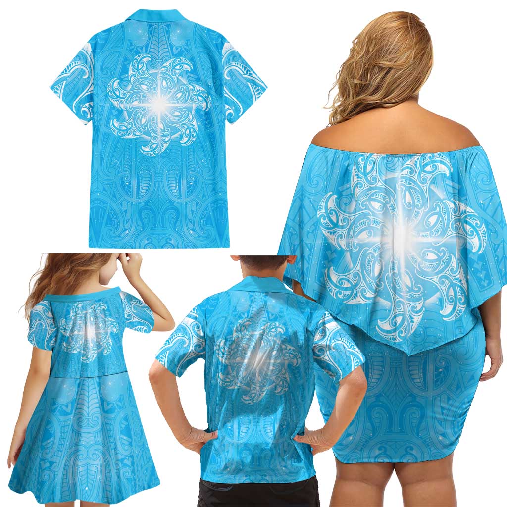 New Zealand Matariki Waiti Family Matching Off Shoulder Short Dress and Hawaiian Shirt Maori Moko Cyan Galaxy