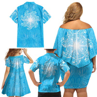 New Zealand Matariki Waiti Family Matching Off Shoulder Short Dress and Hawaiian Shirt Maori Moko Cyan Galaxy