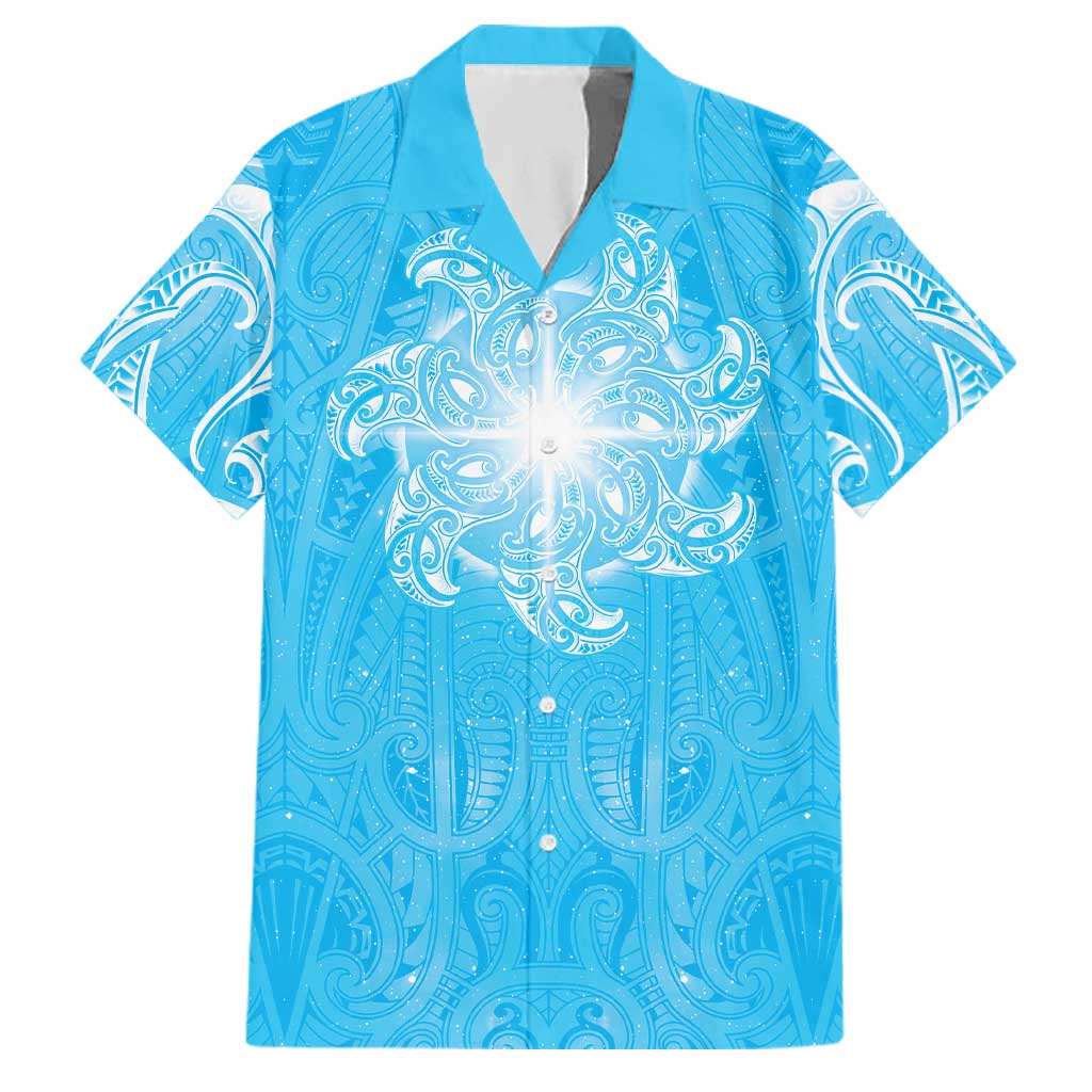 New Zealand Matariki Waiti Family Matching Off Shoulder Short Dress and Hawaiian Shirt Maori Moko Cyan Galaxy