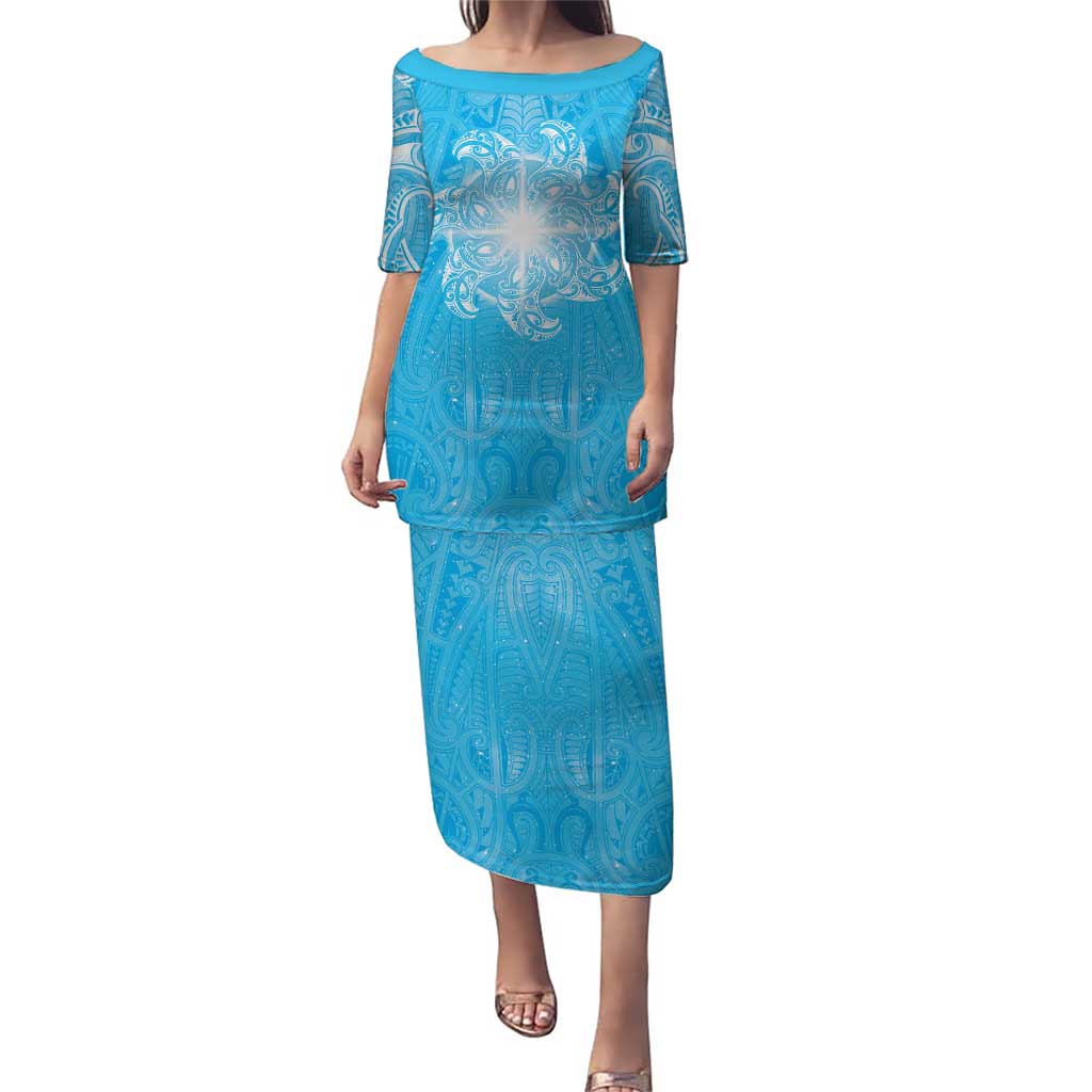 New Zealand Matariki Waiti Family Matching Puletasi and Hawaiian Shirt Maori Moko Cyan Galaxy