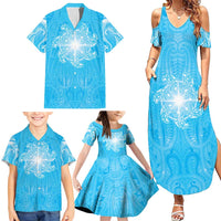 New Zealand Matariki Waiti Family Matching Summer Maxi Dress and Hawaiian Shirt Maori Moko Cyan Galaxy