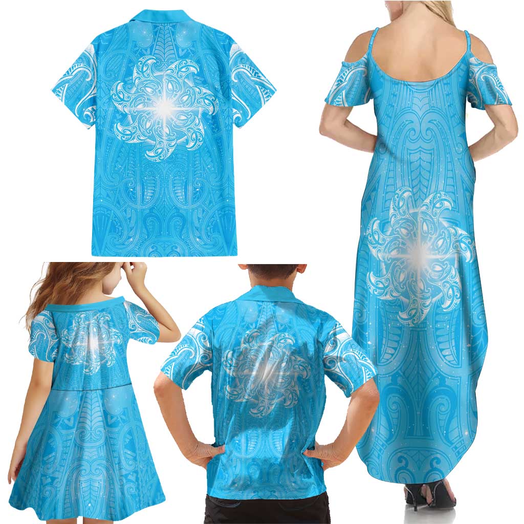 New Zealand Matariki Waiti Family Matching Summer Maxi Dress and Hawaiian Shirt Maori Moko Cyan Galaxy