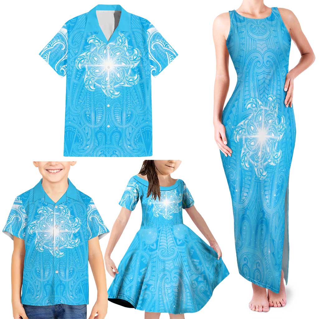 New Zealand Matariki Waiti Family Matching Tank Maxi Dress and Hawaiian Shirt Maori Moko Cyan Galaxy