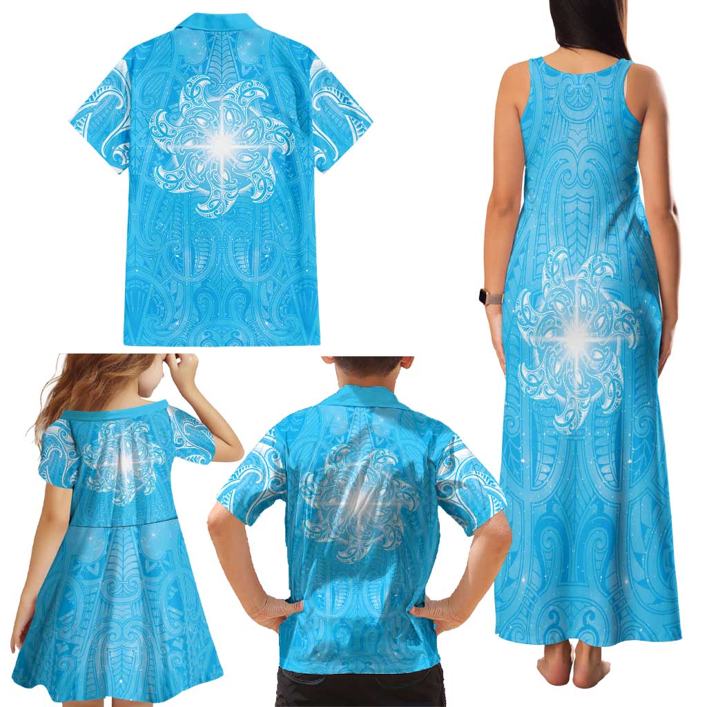 New Zealand Matariki Waiti Family Matching Tank Maxi Dress and Hawaiian Shirt Maori Moko Cyan Galaxy