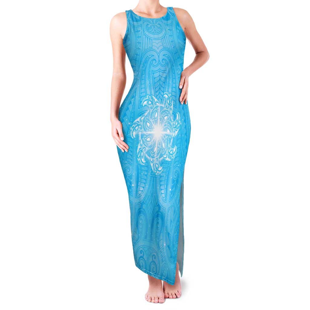 New Zealand Matariki Waiti Family Matching Tank Maxi Dress and Hawaiian Shirt Maori Moko Cyan Galaxy