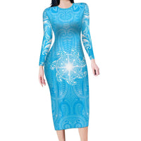 New Zealand Matariki Waiti Long Sleeve Bodycon Dress Maori Moko Cyan Galaxy