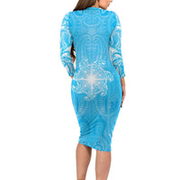 New Zealand Matariki Waiti Long Sleeve Bodycon Dress Maori Moko Cyan Galaxy