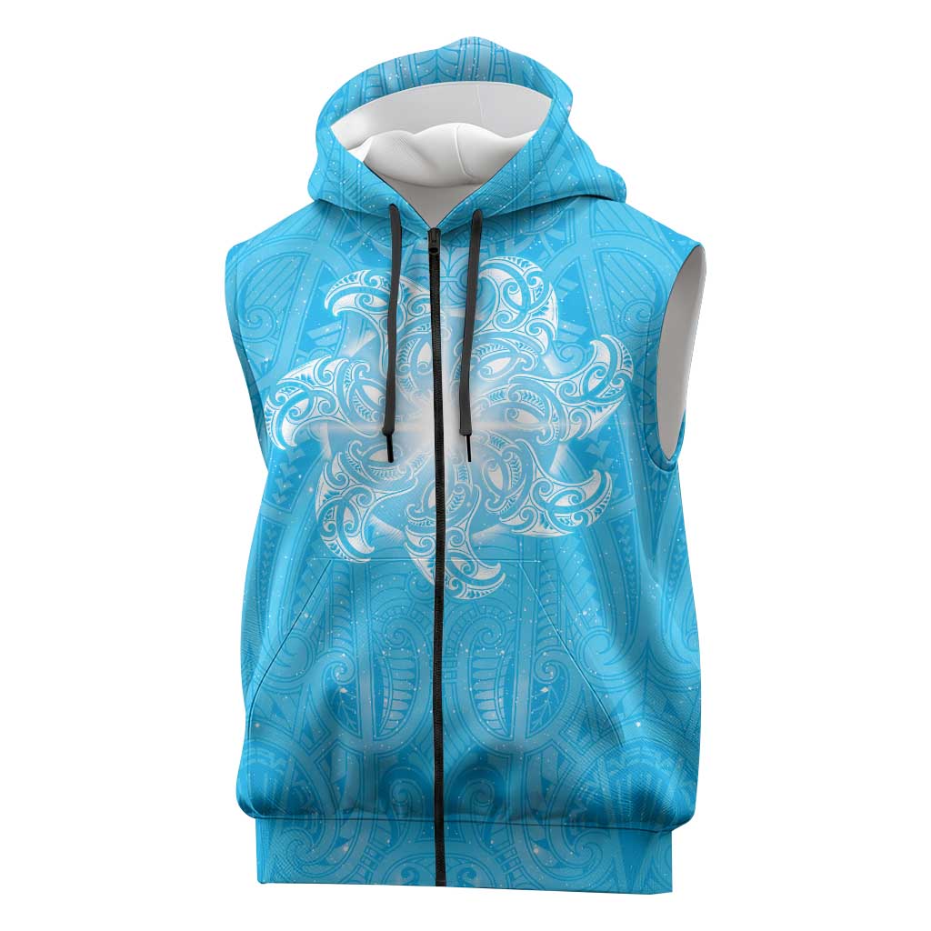 New Zealand Matariki Waiti Sleeveless Zip Hoodie Maori Moko Cyan Galaxy