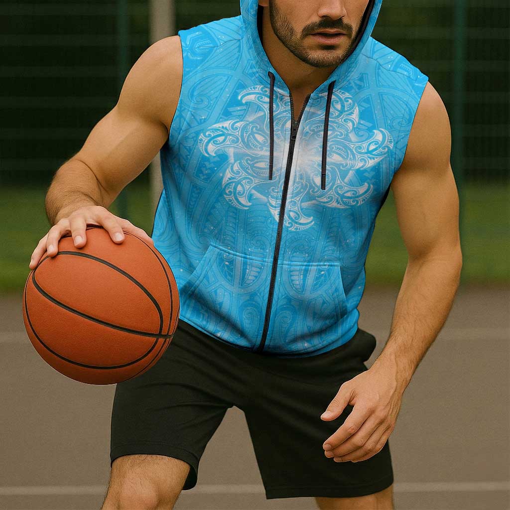 New Zealand Matariki Waiti Sleeveless Zip Hoodie Maori Moko Cyan Galaxy