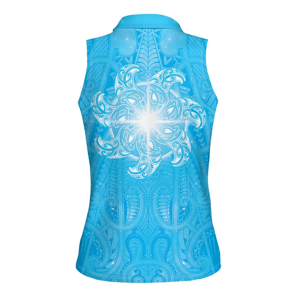 New Zealand Matariki Waiti Women Sleeveless Polo Shirt Maori Moko Cyan Galaxy