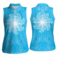 New Zealand Matariki Waiti Women Sleeveless Polo Shirt Maori Moko Cyan Galaxy