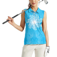 New Zealand Matariki Waiti Women Sleeveless Polo Shirt Maori Moko Cyan Galaxy