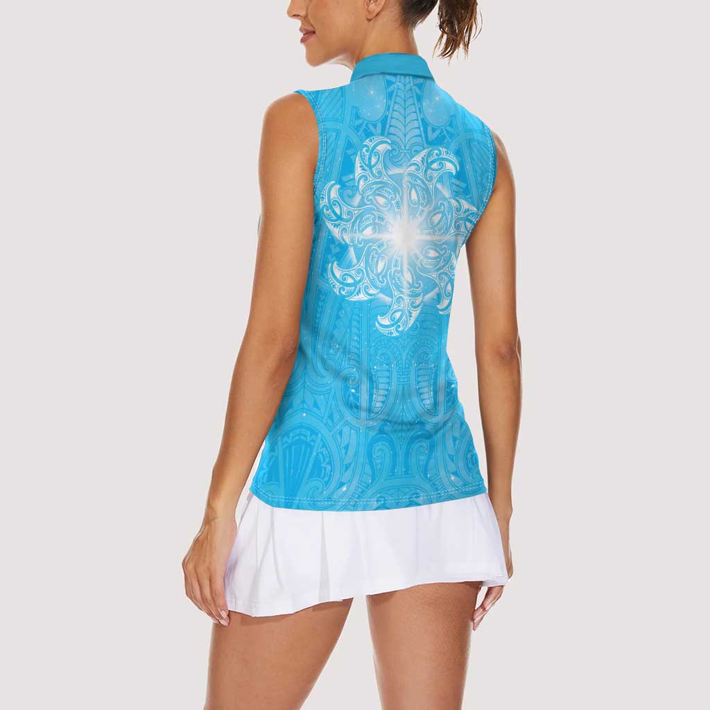 New Zealand Matariki Waiti Women Sleeveless Polo Shirt Maori Moko Cyan Galaxy