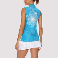 New Zealand Matariki Waiti Women Sleeveless Polo Shirt Maori Moko Cyan Galaxy