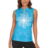 New Zealand Matariki Waiti Women Sleeveless Polo Shirt Maori Moko Cyan Galaxy