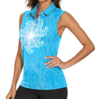 New Zealand Matariki Waiti Women Sleeveless Polo Shirt Maori Moko Cyan Galaxy