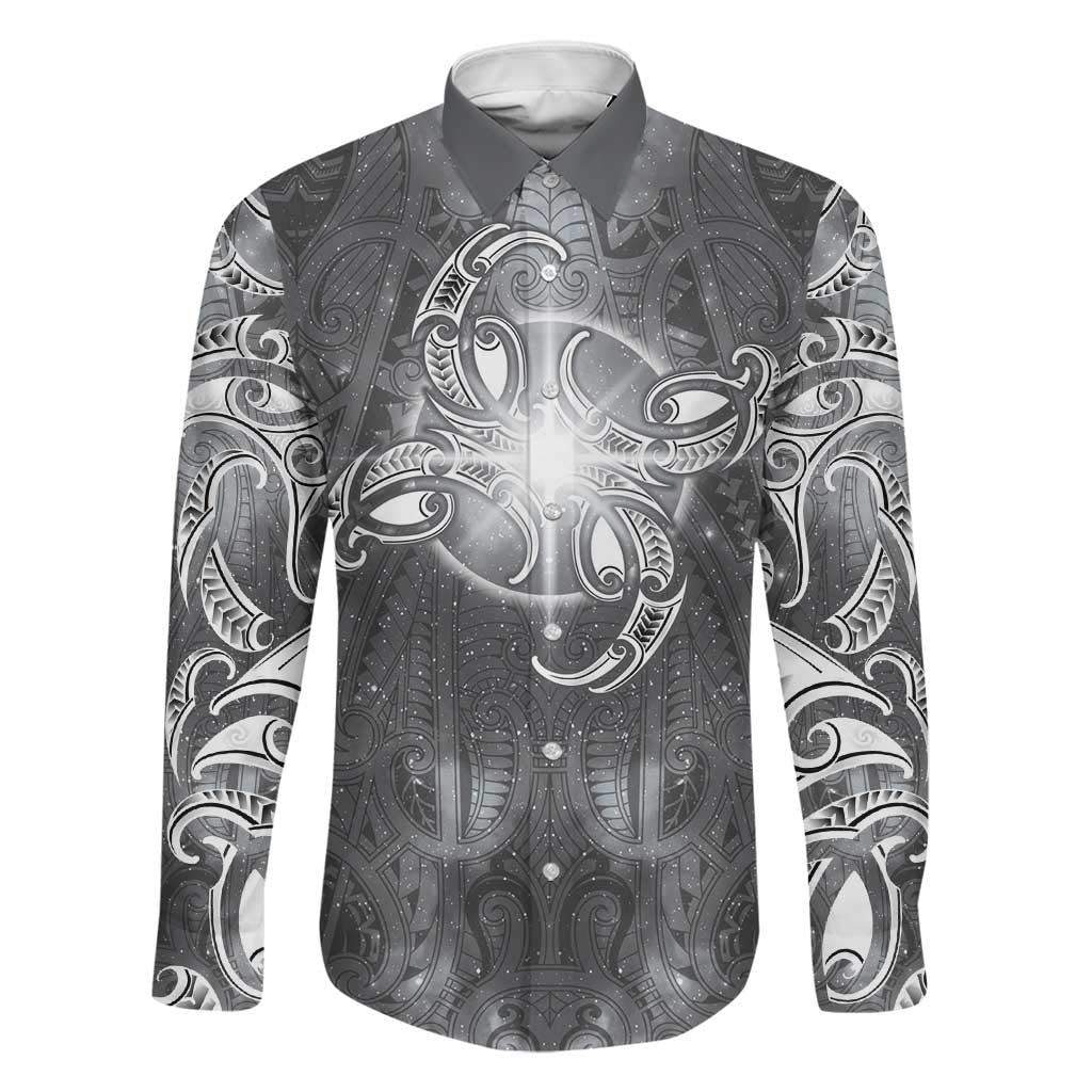 New Zealand Matariki Ururangi Family Matching Tank Maxi Dress and Hawaiian Shirt Maori Moko Grey Galaxy LT05 Dad's Shirt - Long Sleeve Grey - Polynesian Pride