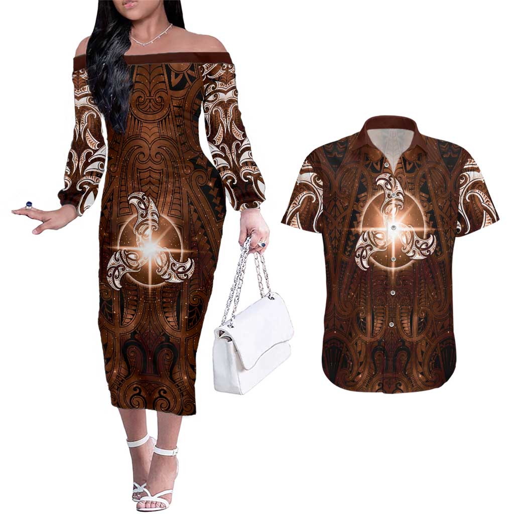 New Zealand Matariki Tupuanuku Couples Matching Off The Shoulder Long Sleeve Dress and Hawaiian Shirt Maori Moko Brown Galaxy