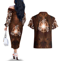 New Zealand Matariki Tupuanuku Couples Matching Off The Shoulder Long Sleeve Dress and Hawaiian Shirt Maori Moko Brown Galaxy