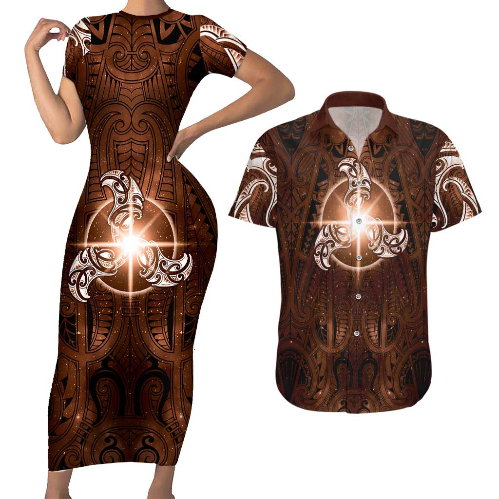 New Zealand Matariki Tupuanuku Couples Matching Short Sleeve Bodycon Dress and Hawaiian Shirt Maori Moko Brown Galaxy