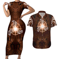 New Zealand Matariki Tupuanuku Couples Matching Short Sleeve Bodycon Dress and Hawaiian Shirt Maori Moko Brown Galaxy