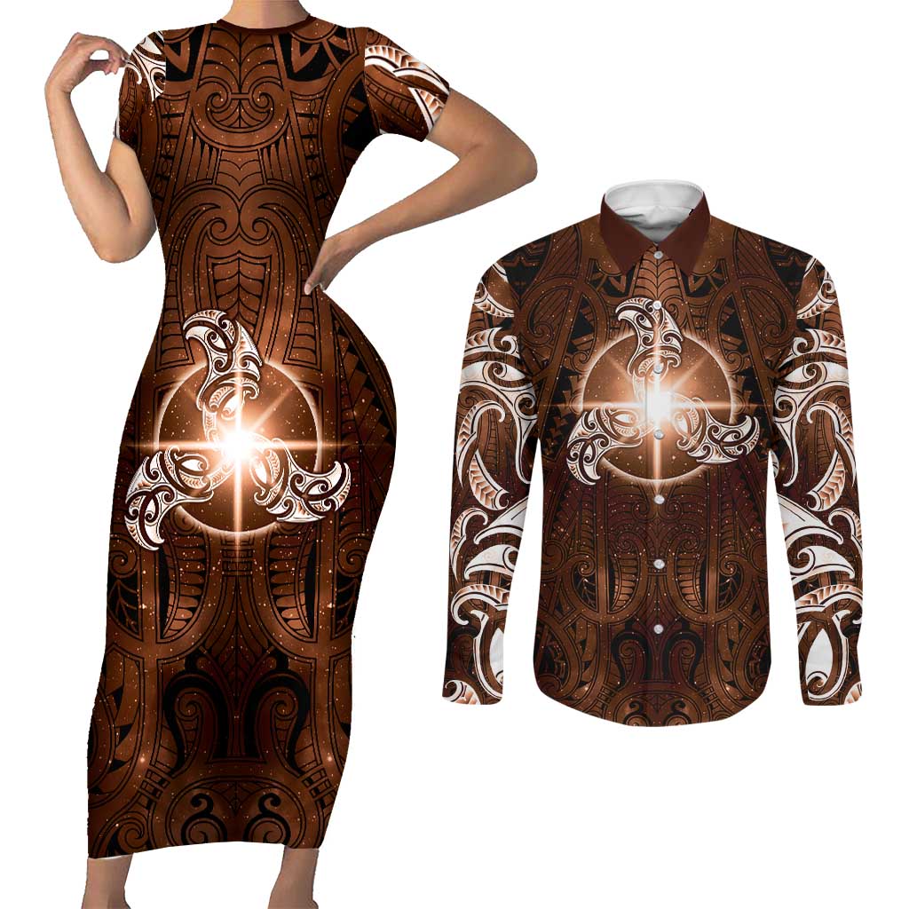 New Zealand Matariki Tupuanuku Couples Matching Short Sleeve Bodycon Dress and Long Sleeve Button Shirt Maori Moko Brown Galaxy