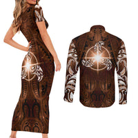New Zealand Matariki Tupuanuku Couples Matching Short Sleeve Bodycon Dress and Long Sleeve Button Shirt Maori Moko Brown Galaxy