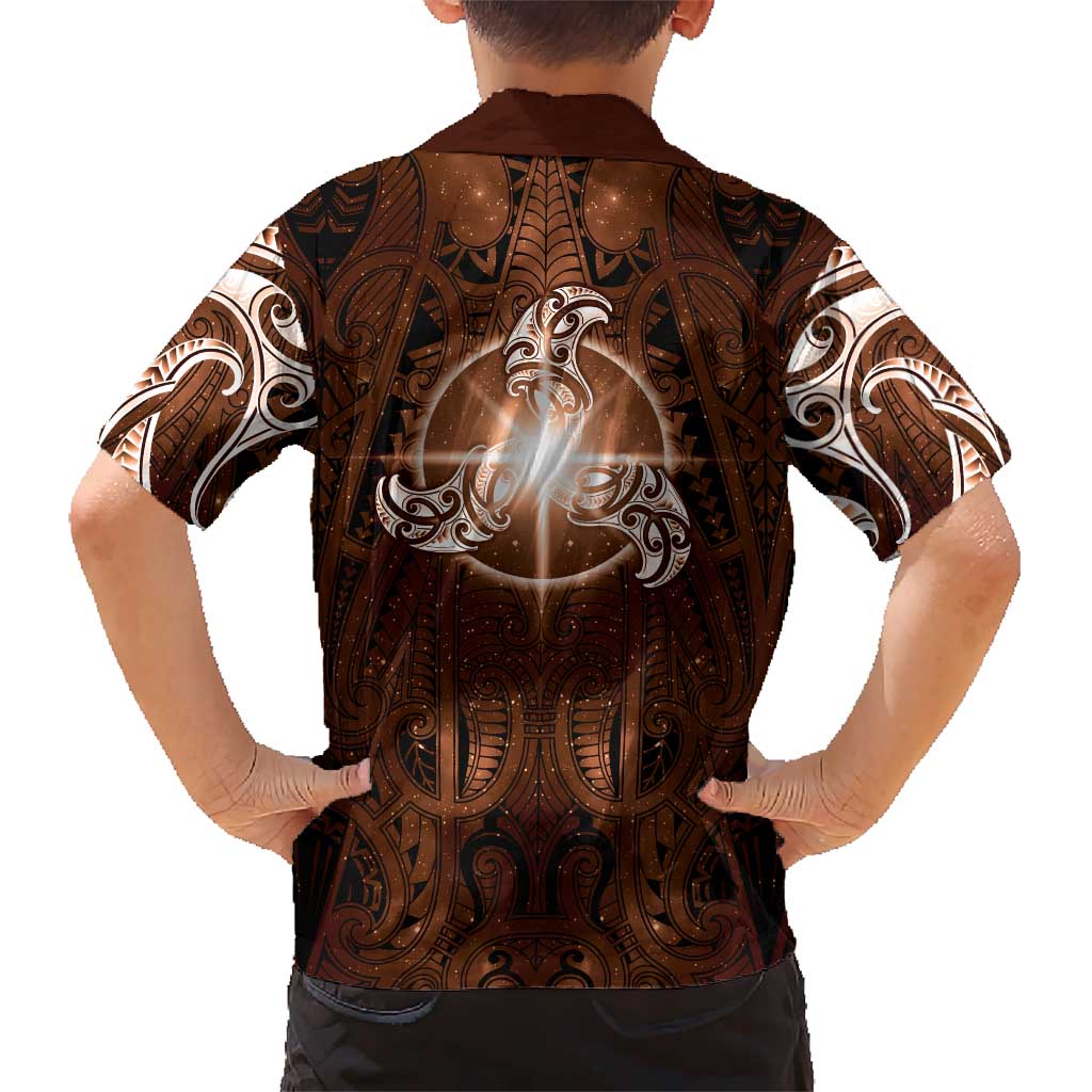 New Zealand Matariki Tupuanuku Family Matching Off Shoulder Short Dress and Hawaiian Shirt Maori Moko Brown Galaxy