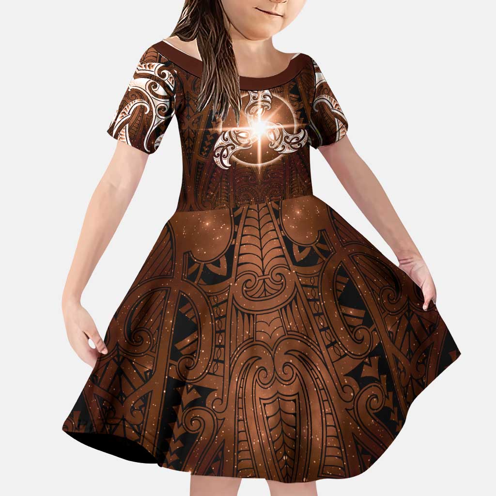 New Zealand Matariki Tupuanuku Family Matching Off Shoulder Short Dress and Hawaiian Shirt Maori Moko Brown Galaxy