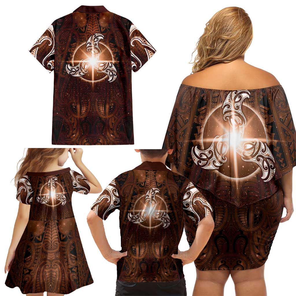 New Zealand Matariki Tupuanuku Family Matching Off Shoulder Short Dress and Hawaiian Shirt Maori Moko Brown Galaxy