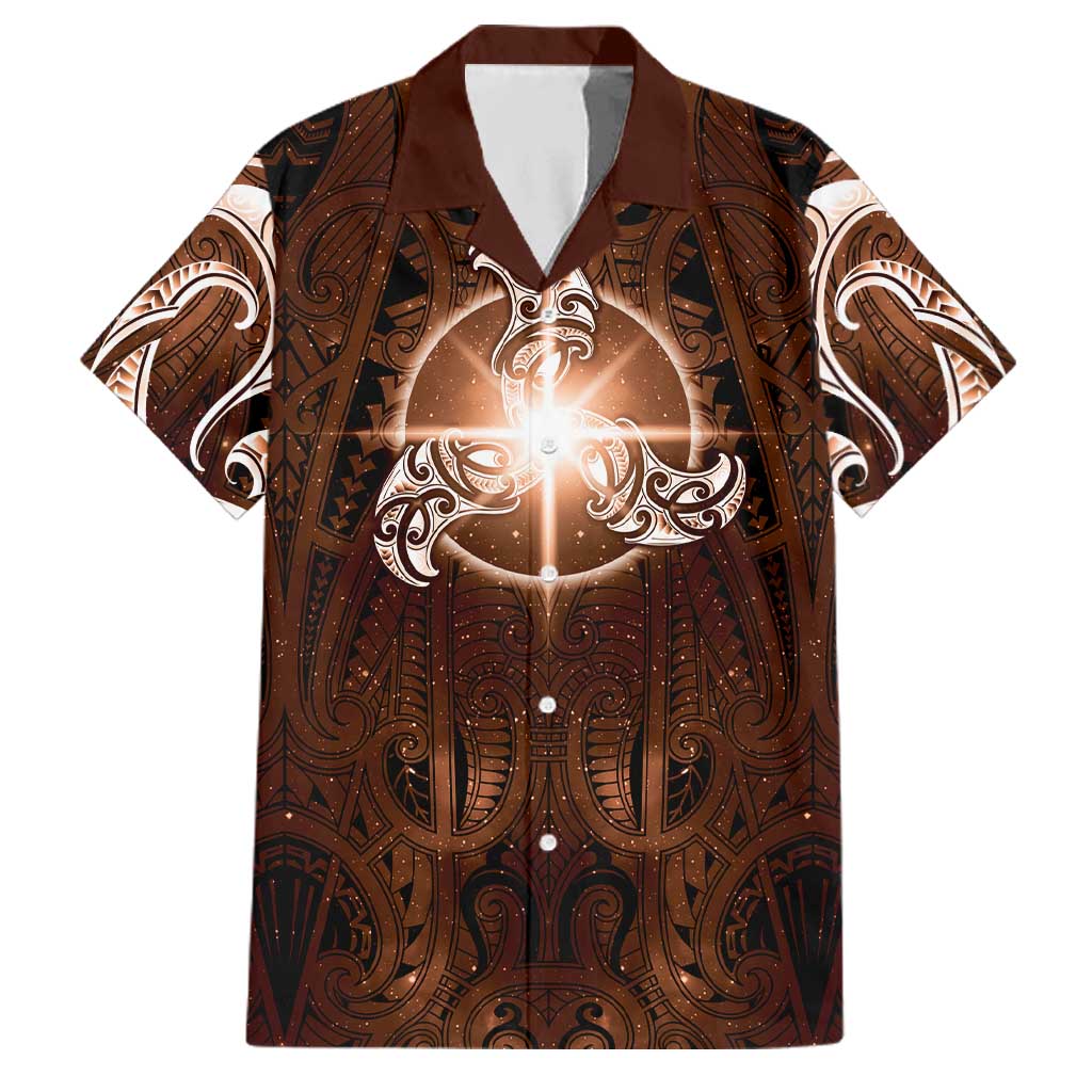 New Zealand Matariki Tupuanuku Family Matching Off Shoulder Short Dress and Hawaiian Shirt Maori Moko Brown Galaxy