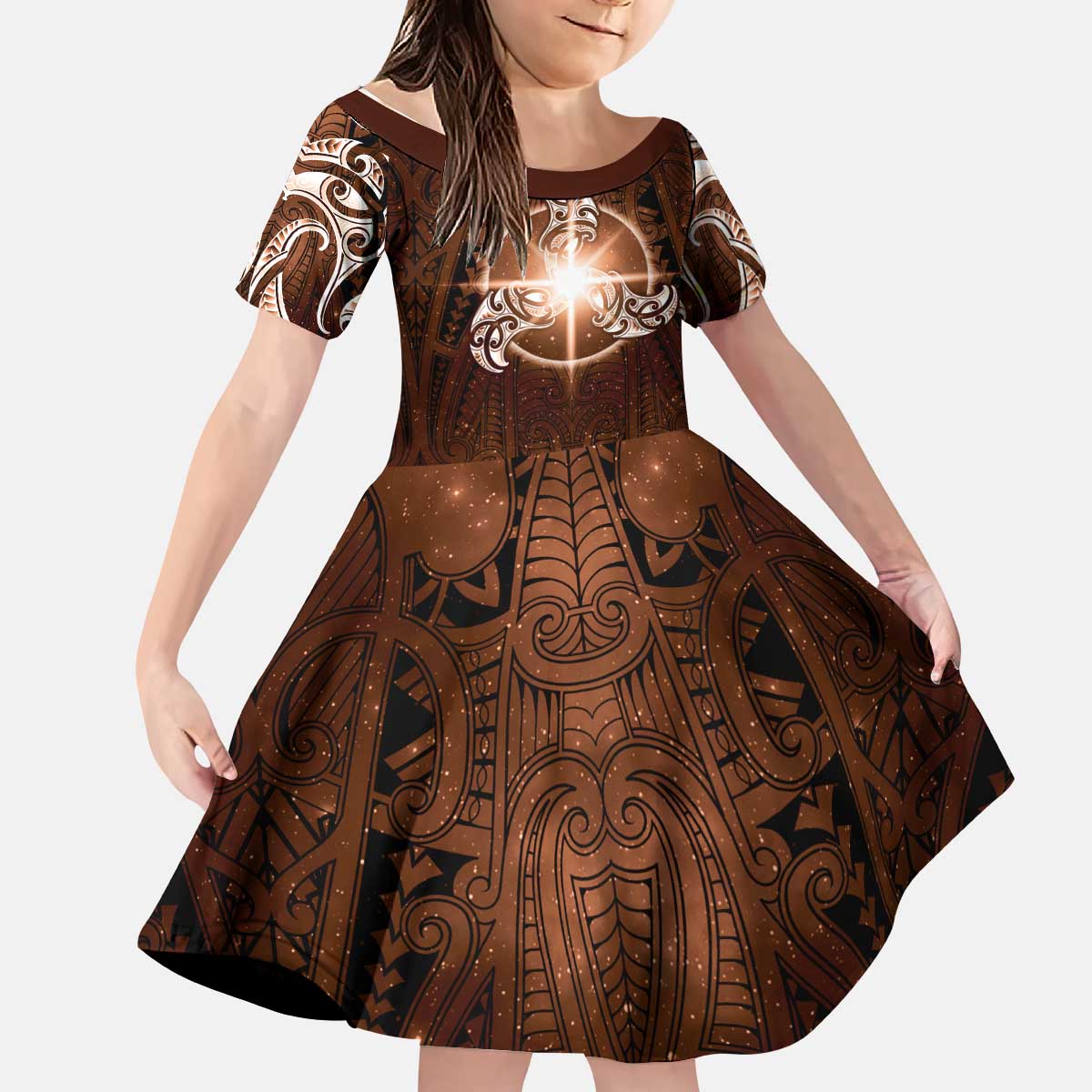 New Zealand Matariki Tupuanuku Kid Short Sleeve Dress Maori Moko Brown Galaxy