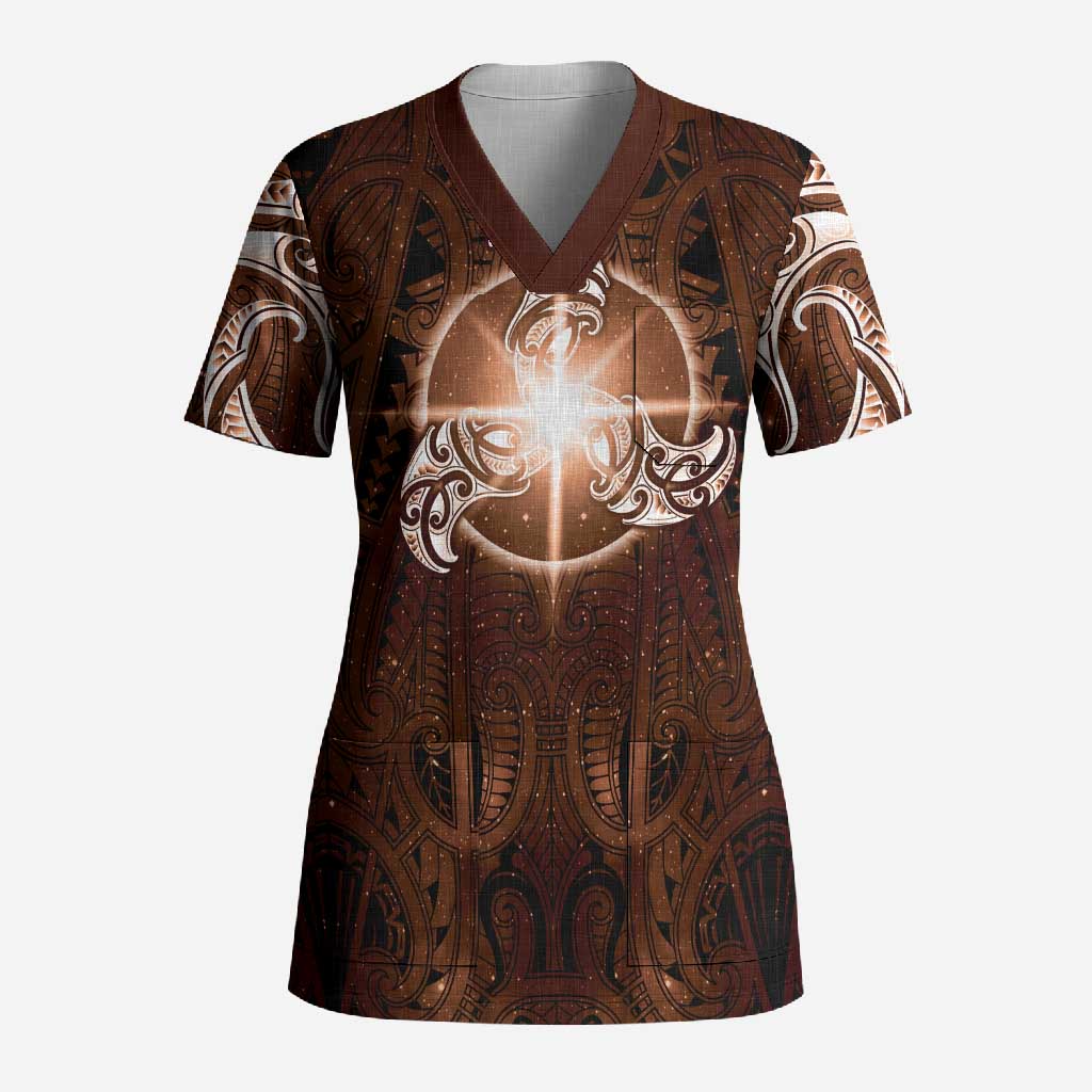 New Zealand Matariki Tupuanuku Scrub Top Maori Moko Brown Galaxy LT05 Adult Brown - Polynesian Pride