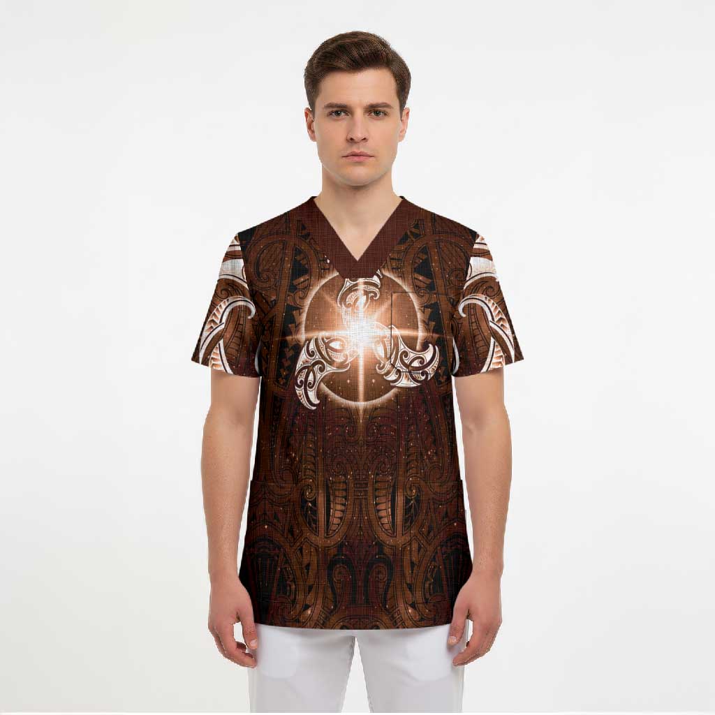 New Zealand Matariki Tupuanuku Scrub Top Maori Moko Brown Galaxy LT05 - Polynesian Pride