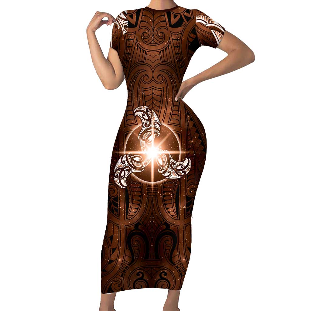 New Zealand Matariki Tupuanuku Short Sleeve Bodycon Dress Maori Moko Brown Galaxy