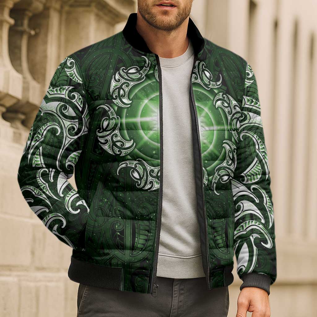 New Zealand Matariki Tupuarangi Bomber Puffer Jacket Maori Moko Green Galaxy LT05 - Polynesian Pride
