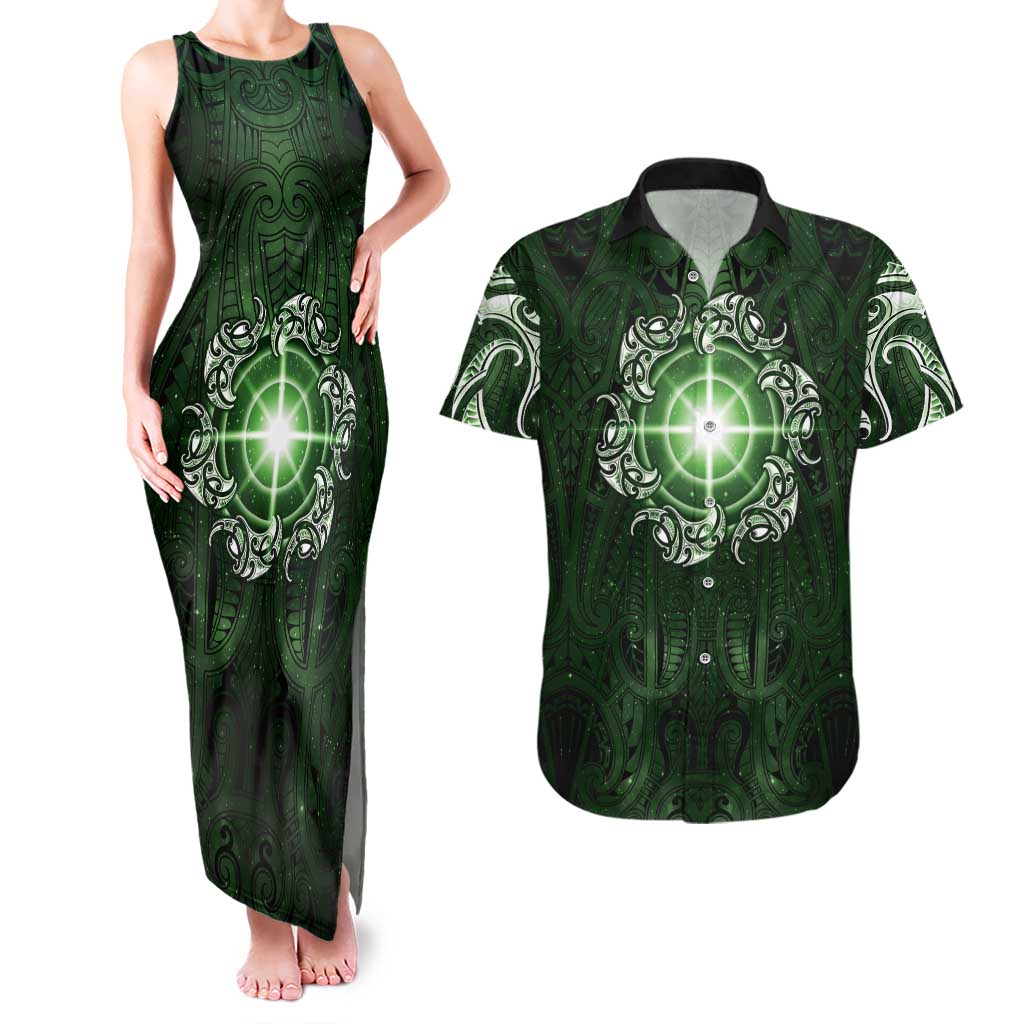 New Zealand Matariki Tupuarangi Couples Matching Tank Maxi Dress and Hawaiian Shirt Maori Moko Green Galaxy