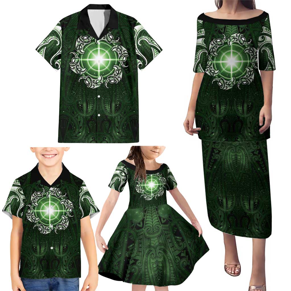 New Zealand Matariki Tupuarangi Family Matching Puletasi and Hawaiian Shirt Maori Moko Green Galaxy LT05 - Polynesian Pride