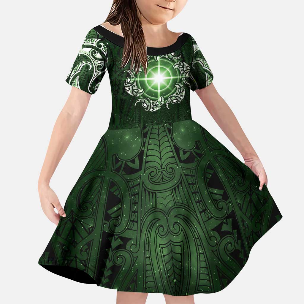 New Zealand Matariki Tupuarangi Family Matching Tank Maxi Dress and Hawaiian Shirt Maori Moko Green Galaxy