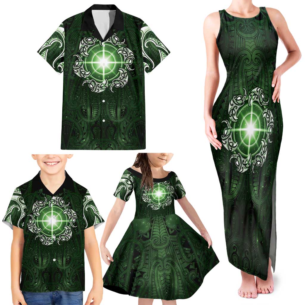 New Zealand Matariki Tupuarangi Family Matching Tank Maxi Dress and Hawaiian Shirt Maori Moko Green Galaxy
