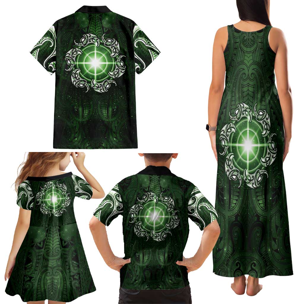 New Zealand Matariki Tupuarangi Family Matching Tank Maxi Dress and Hawaiian Shirt Maori Moko Green Galaxy
