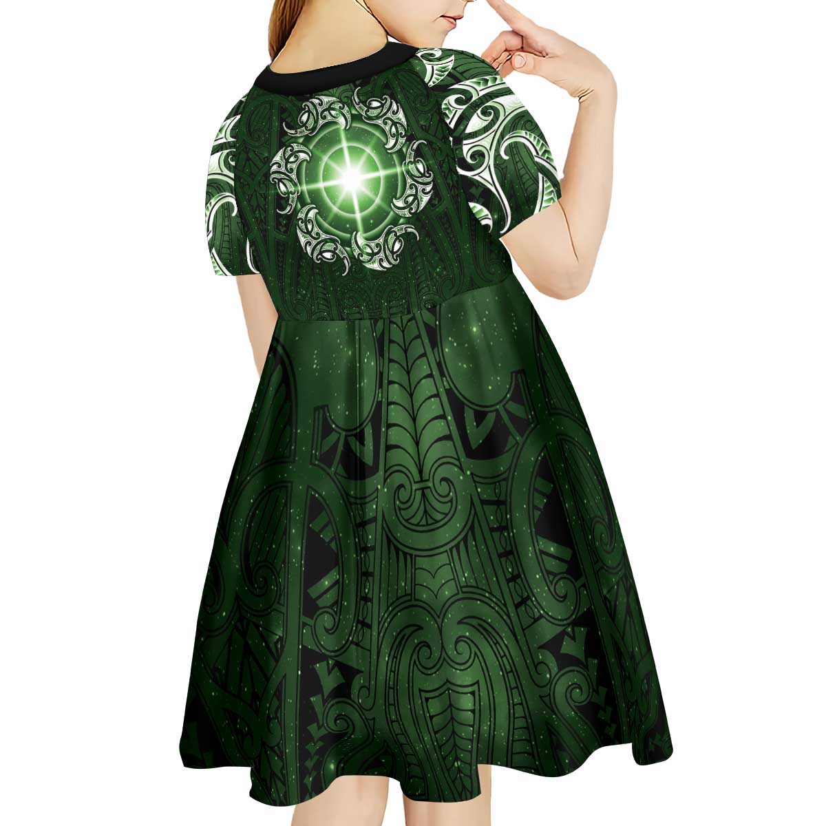 New Zealand Matariki Tupuarangi Kid Short Sleeve Dress Maori Moko Green Galaxy