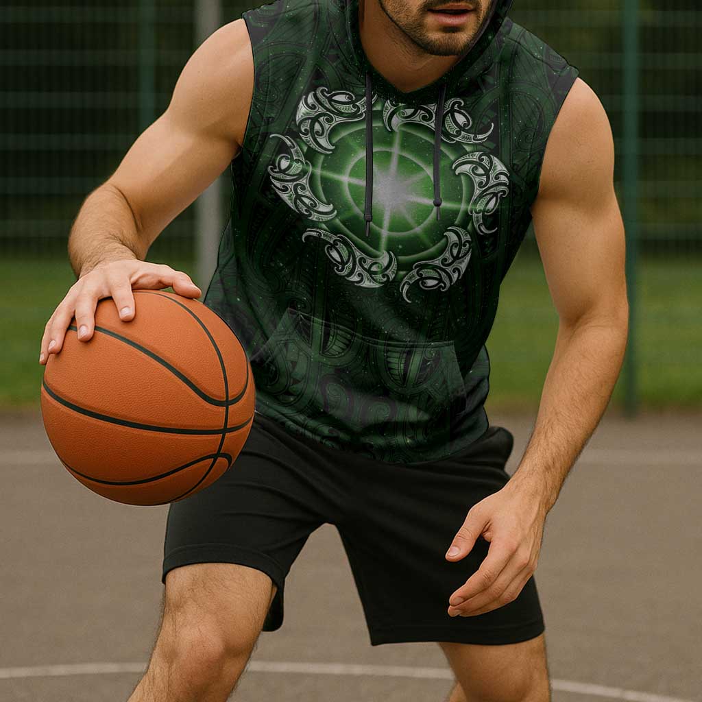 New Zealand Matariki Tupuarangi Sleeveless Hoodie Maori Moko Green Galaxy
