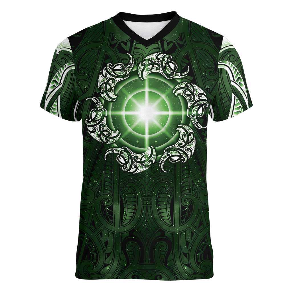New Zealand Matariki Tupuarangi Women V-Neck T-Shirt Maori Moko Green Galaxy