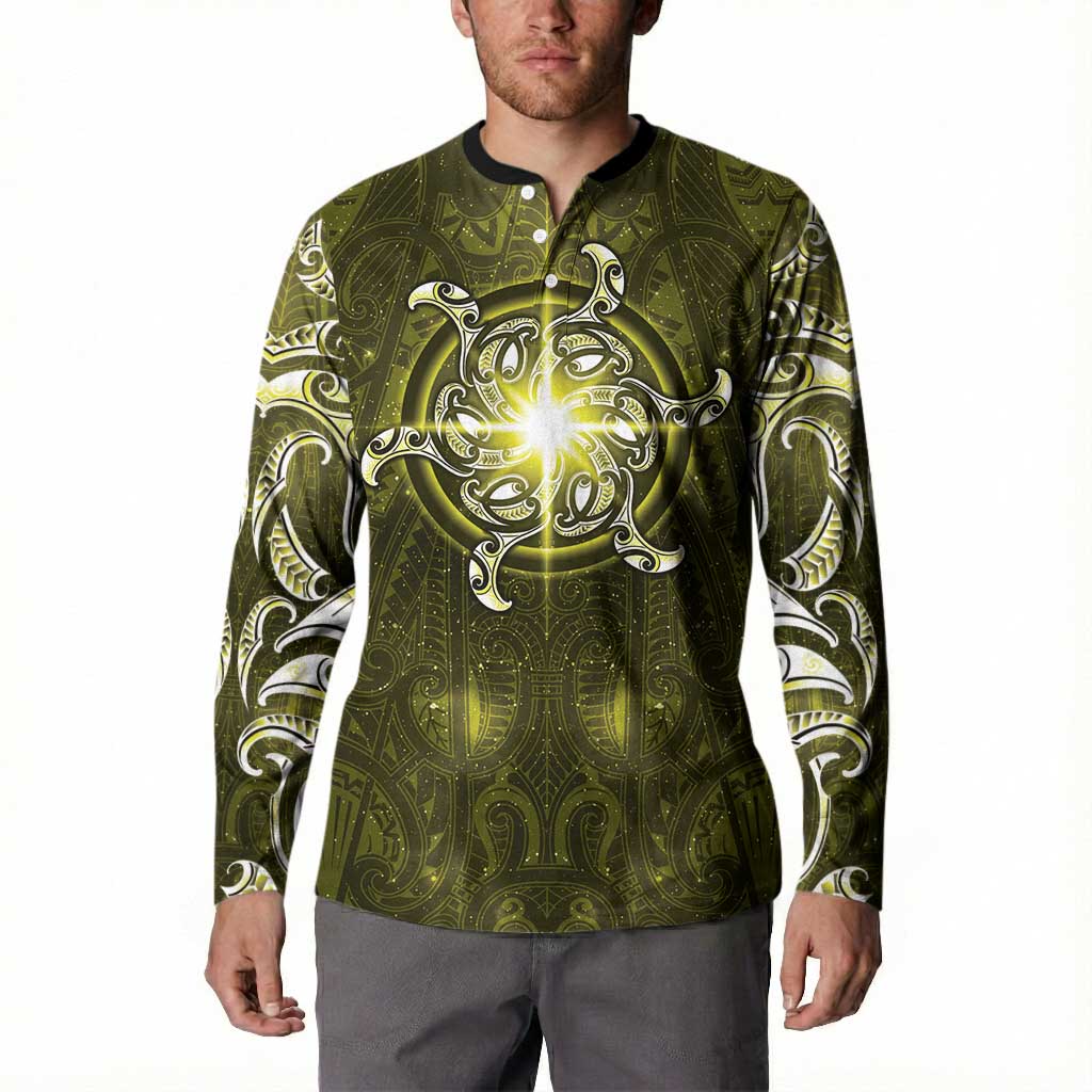 New Zealand Matariki Hiwaiterangi Button Sweatshirt Maori Moko Yellow Galaxy LT05 - Polynesian Pride