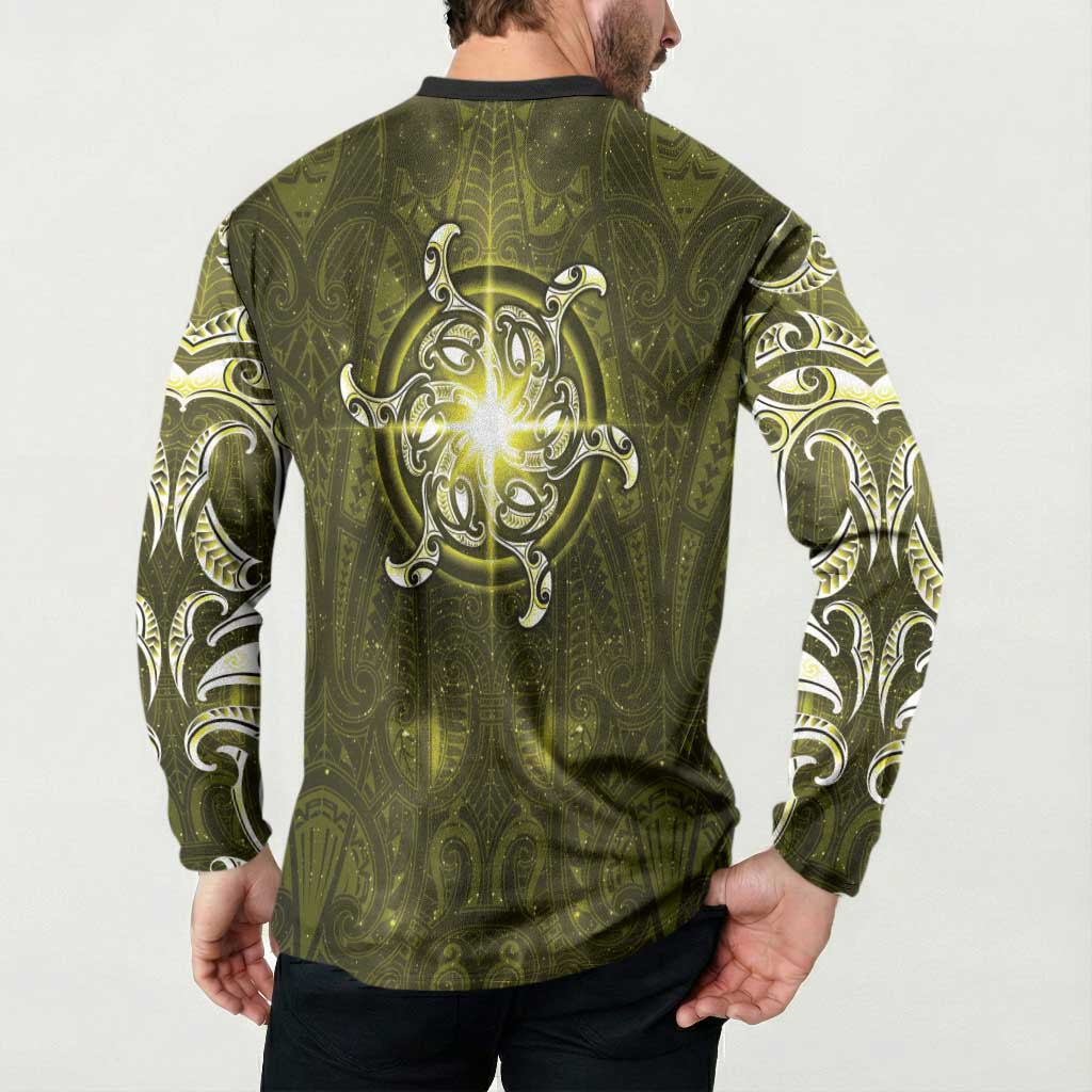 New Zealand Matariki Hiwaiterangi Button Sweatshirt Maori Moko Yellow Galaxy LT05 - Polynesian Pride